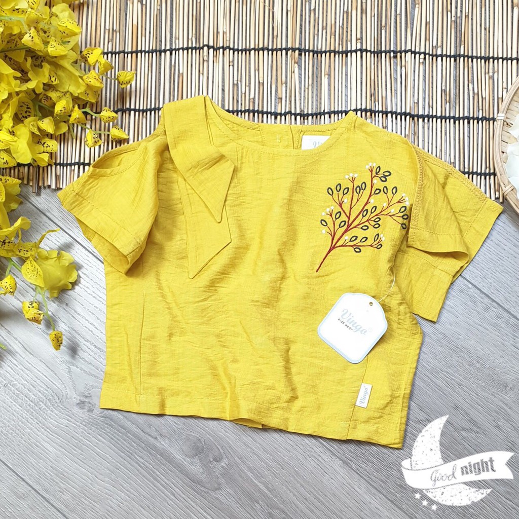 Áo crop top vải Đũi Tơ, Áo Kiểu Thêu Hoa Cho Bé Gái ,  K29