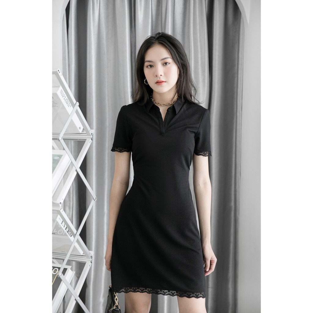 Đầm đen cổ Polo tùng A tay con OVERSIZED viền ren đen [VU10]