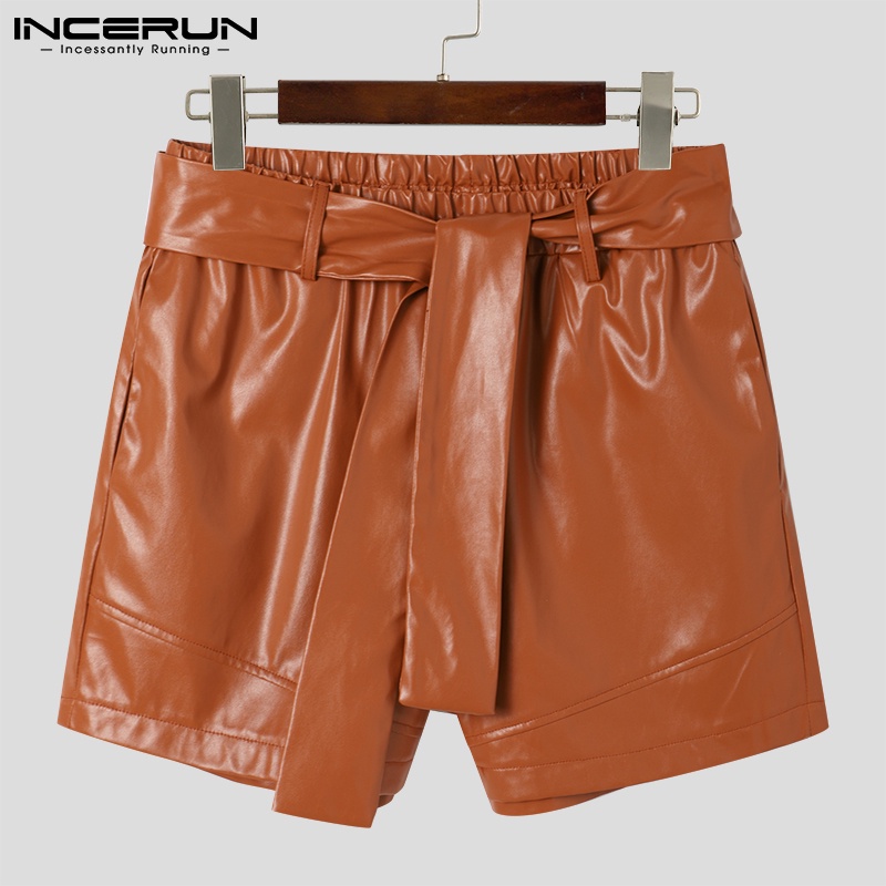 Quần short INCERUN bằng da ống rộng màu trơn eo co giãn buộc thắt lưng phong cách thường ngày cho nam