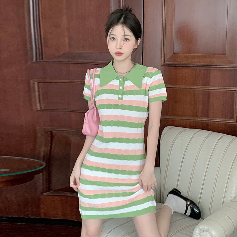 Đầm dệt kim ZHELIHANGFEI kẻ sọc cổ polo dáng ôm phong cách gợi cảm cho nữ