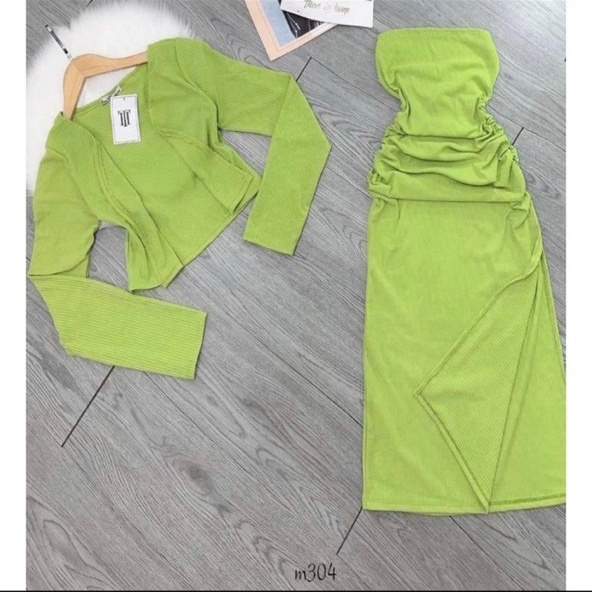 Set đầm body nữ 2 món đầm ống dáng dài xẽ tà kèm áo khoác tay dài chất thun gân hot 72