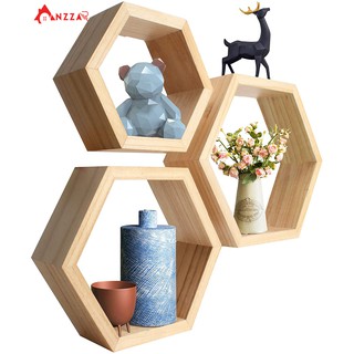 Bộ 3 kệ gỗ lục giác treo tường Anzzar gỗ thông nhập khẩu trang trí nội thất phòng khách, decor đẹp KLG-03