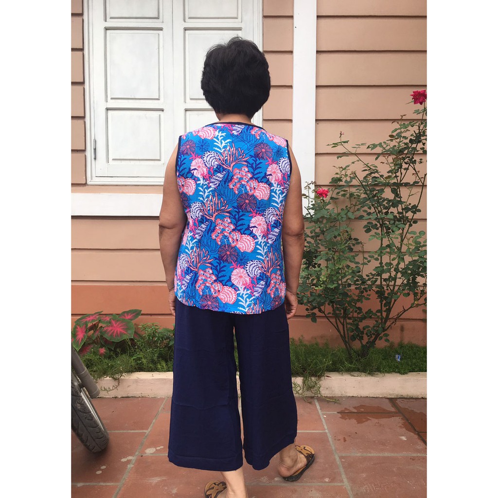 Bộ lanh mặc nhà cho trung niên hàng lanh Việt Thắng kiểu quần ống sớ áo sát nách