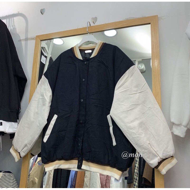 Áo khoác bomber kaki nam nữ chần phao phối đen trắng