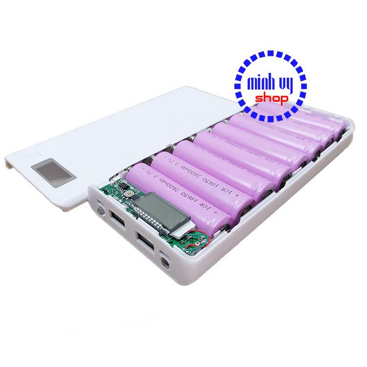 Khung 8 pin sạc dự phòng 30000mAh dùng pin laptop 18650 có LCD- Trắng