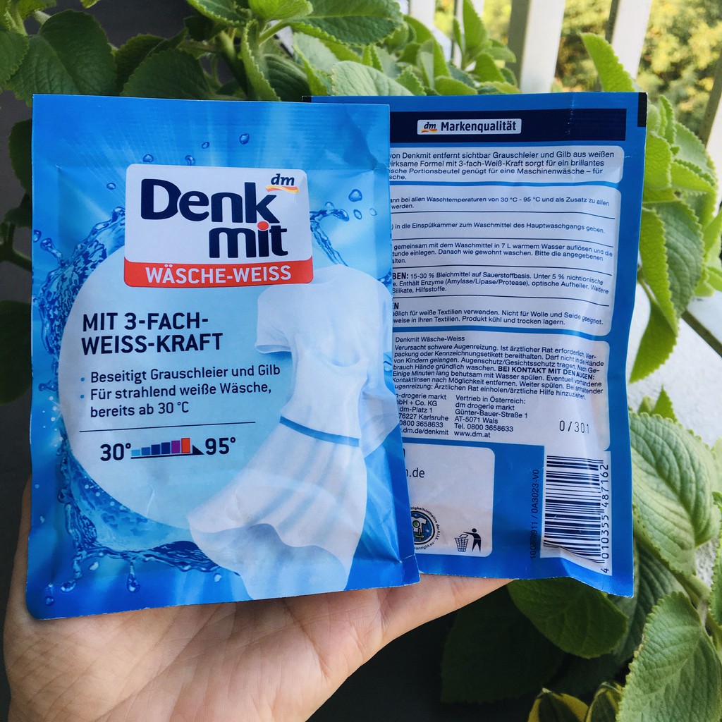 Bột Tẩy Trắng Quần Áo Denkmit Wasche Weiss, 50 g. Giúp đánh bay các vết ố vàng, sỉn màu trên quần áo trắng. Nội Địa Đức.