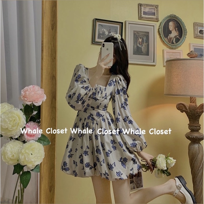 -Đầm váy hoa xanh cổ vuông tay bồng dáng bí siêu vintage nàng thơ | BigBuy360 - bigbuy360.vn