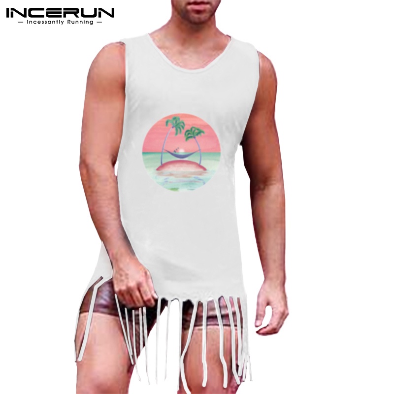 INCERUN Áo Thun Ba Lỗ Sát Nách Cổ Tròn Phối Tua Rua Thời Trang Mùa Hè Cho Nam