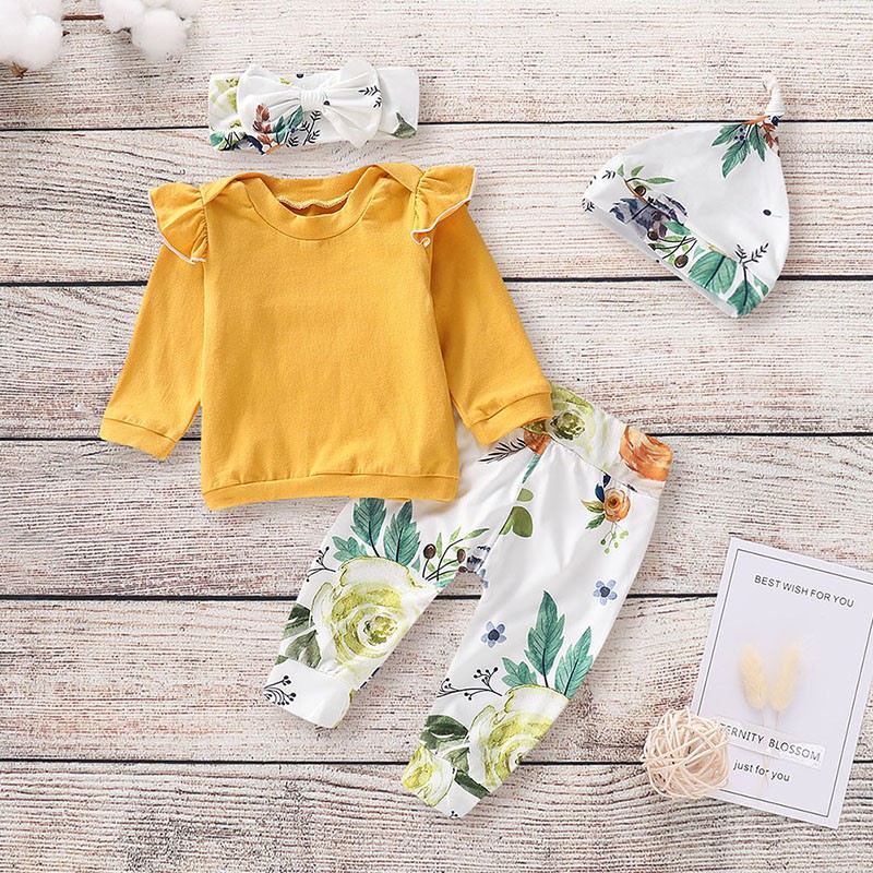 Set quần áo dài tay + mũ + băng đô nơ chất vải cotton in hoa đáng yêu cho bé gái