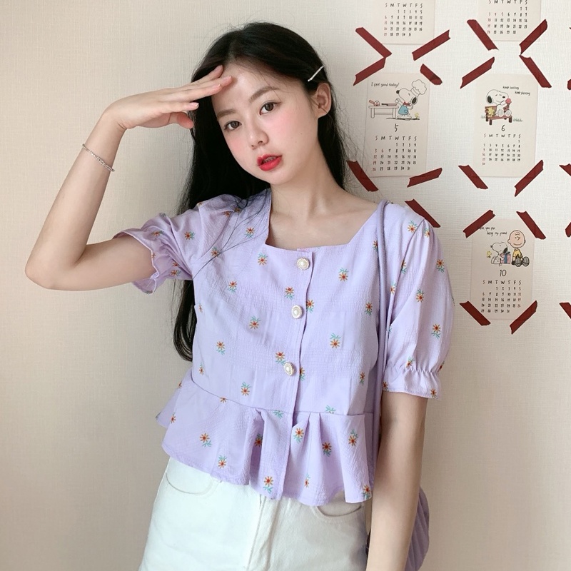 SUXI Áo Kiểu Tay Ngắn Cổ Vuông Họa Tiết Hoa Thời Trang Mùa Hè Cho Nữ