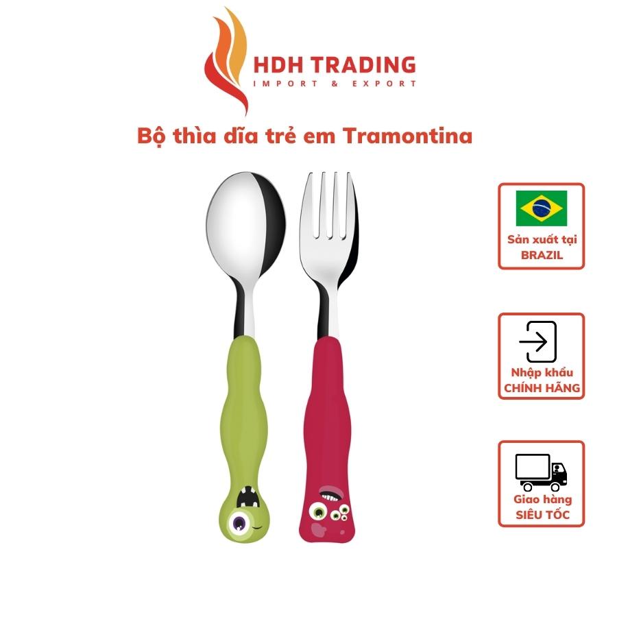 Bộ thìa dĩa trẻ em 2 món Tramontina thép không gỉ cán nhựa PP màu xanh đỏ nhập khẩu chính hãng Brazil siêu đáng yêu
