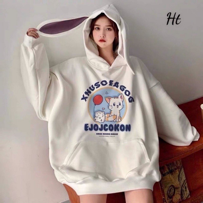 áo hoodie nỉ bông tai thỏ dài in mèo | BigBuy360 - bigbuy360.vn