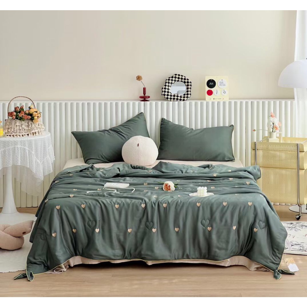 Chăn tencel thêu tim kèm nơ cao cấp, chăn đắp hè thêu tim tencel mềm mịn kích thước 2mx2m3 MỚI
