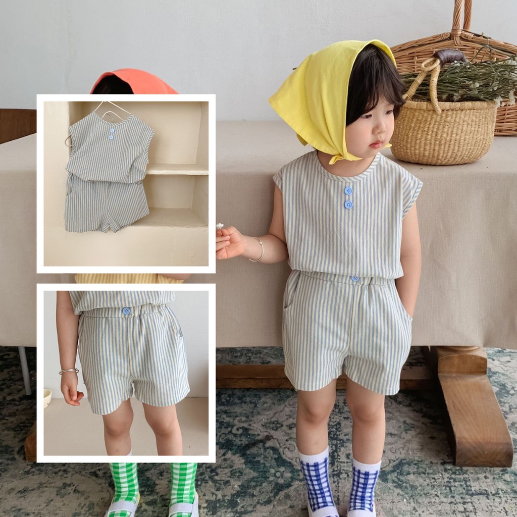 Set bé trai kẻ sọc xanh da trời nhạt phong cách Hàn Quốc bé trai 2-6 tuổi