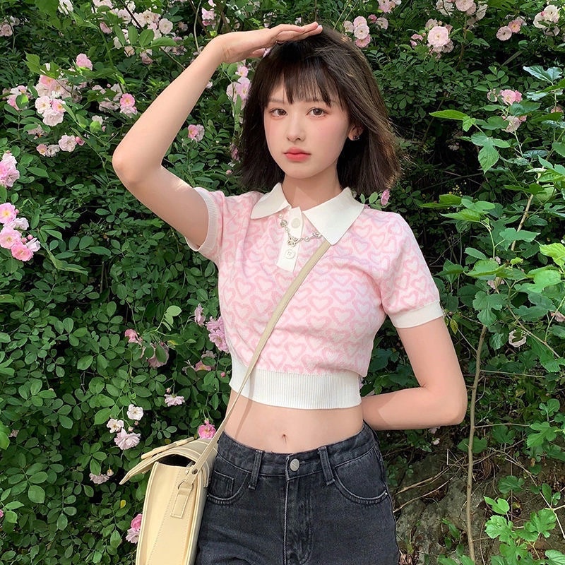 Áo len tăm ngắn tay dáng ngắn croptop dệt kim cổ tàu xinh xắn cho bạn nữ