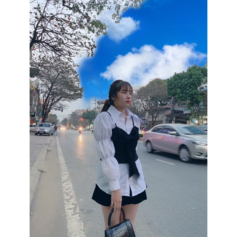 ÁO SƠ MI TAY BỒNG KÈM ÁO YẾM NƠ | BigBuy360 - bigbuy360.vn