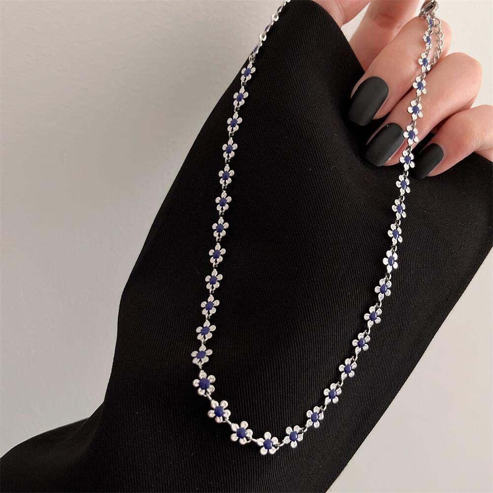 Vòng cổ Kim Loại Mặt Hình Hoa Nhỏ Màu Xanh Dương Phong Cách Hàn Quốc