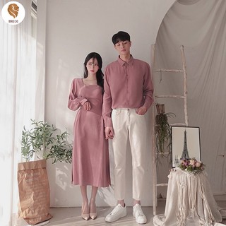 SET ÁO CẶP NAM NỮ ĐẦM ĐUÔI CÁ HỌA TIẾT HOA LÁ ĐI BIỂN CHỤP HÌNH CƯỚI, ĐỒ ĐÔI HÀN QUỐC