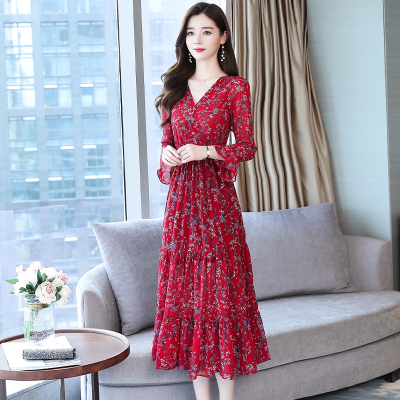 Đầm Voan Hoa Dài Qua Gối Tay Dài Cổ Chữ v Thời Trang Hàn Quốc