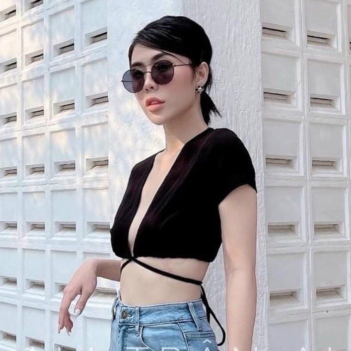 Áo croptop nữ, Áo thun cộc tay nữ dáng lửng buộc dây bụng hở eo hở lưng ôm body mặc 2 kiểu sexy đen trắng Wikishop C993