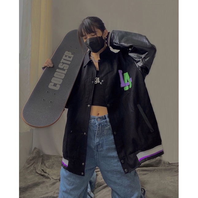 Áo Khoác Bomber L.A Tay Phối Da Unisex- Jacket Size M L XL XXL