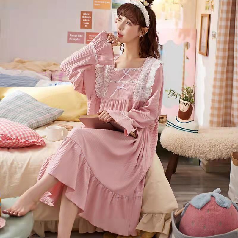 Đầm ngủ cotton tay dài dáng rộng phong cách công chúa thời trang cho nữ