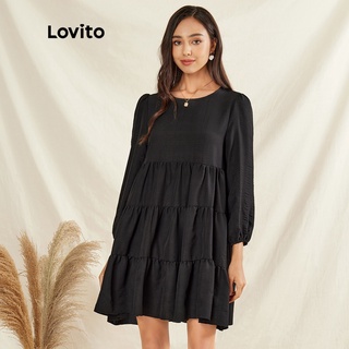 113XJ Đầm Lovito Xòe Nhún Bèo L31AD018 (Đen)