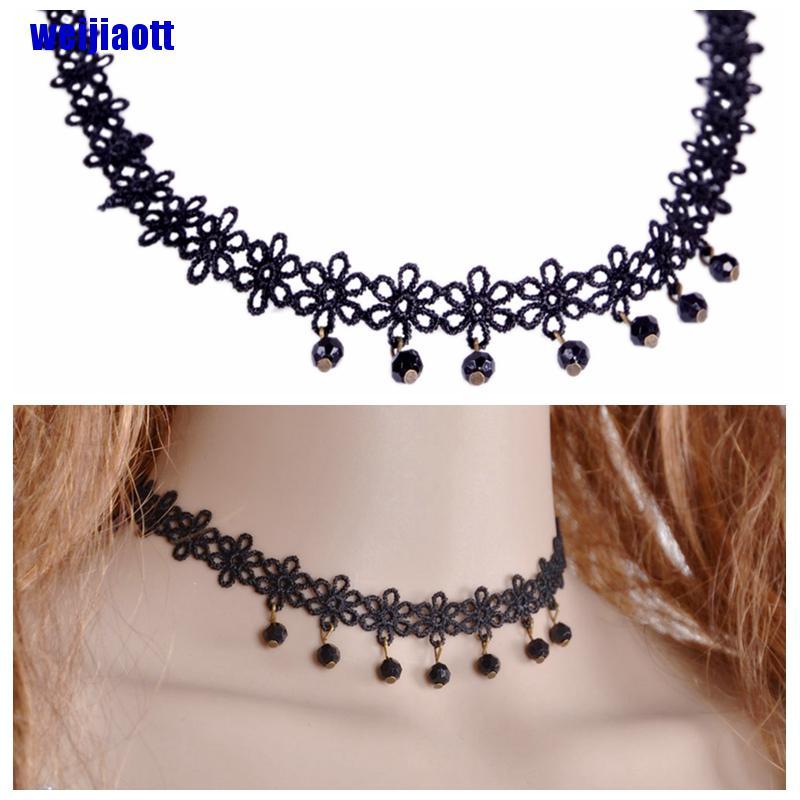 Vòng Cổ Choker Ren Đen Đính Hạt Giả Ngọc Trai Phong Cách Gothic Punk