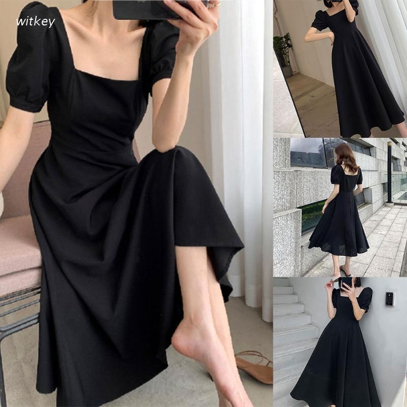 Đầm midi dài cổ vuông tay ngắn phồng màu đen xếp ly lưng cao thời trang mùa hè cho nữ
