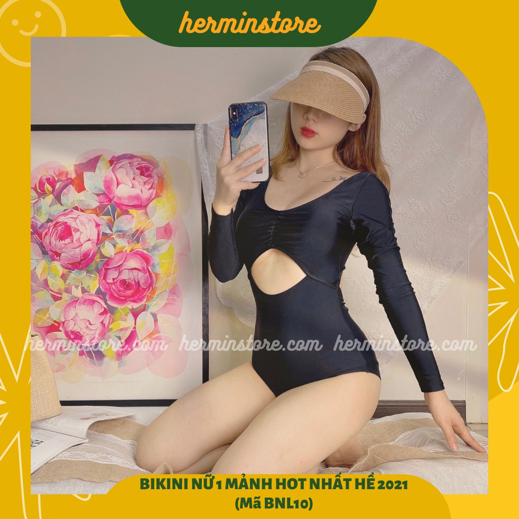 (Ảnh thật) Bikini 1 mảnh dài tay - Đồ bơi nữ dài tay màu đen trơn cut out phần ngực cực tôn dáng- Mã BNL10 | WebRaoVat - webraovat.net.vn