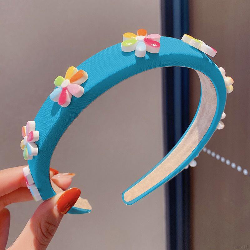 Cài tóc xốp mềm bản rộng màu trơn đính hoa dễ thương dành cho bé gái rửa mặt trang điểm