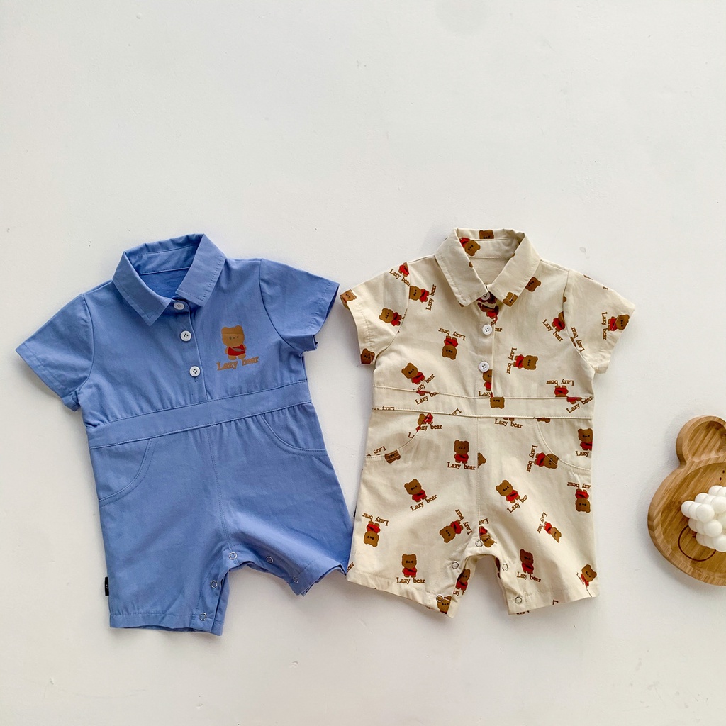Bộ Áo Liền Quần Tay Ngắn In Hình Chú Gấu Dễ Thương Thời Trang Mùa Hè Cho Bé Trai
