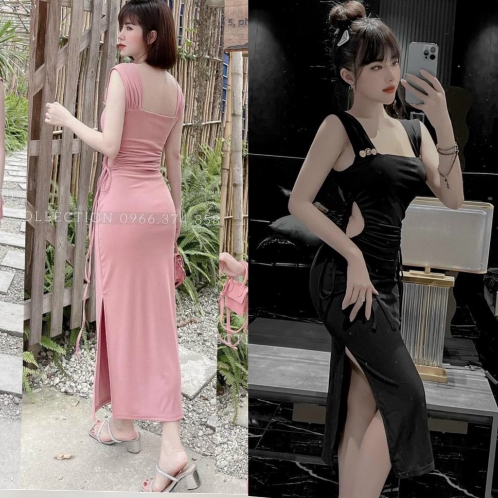 Đầm body cổ U xẻ tà khoét eo rút dây 2 bên sườn chất thun gân