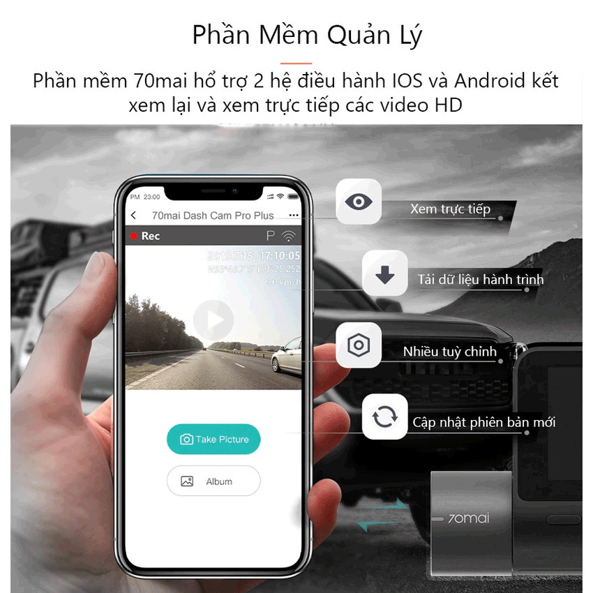 Camera Hành Trình 70mai Pro plus A500S Quốc Tế Tích hợp sẵn GPS và Camera Sau