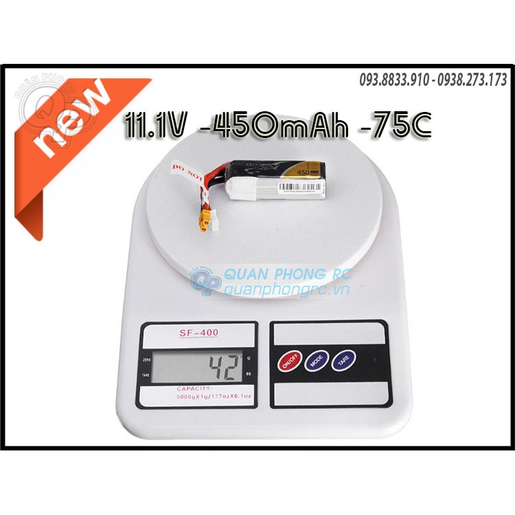 Pin Tattu 450mAh 3S 75C 11.1V LiPo Battery XT30 Plug