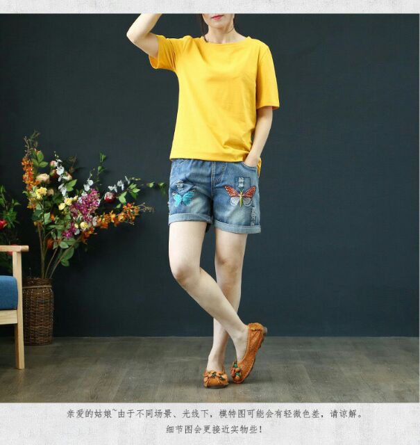 Quần sóc bò thêu hoa cao cấp