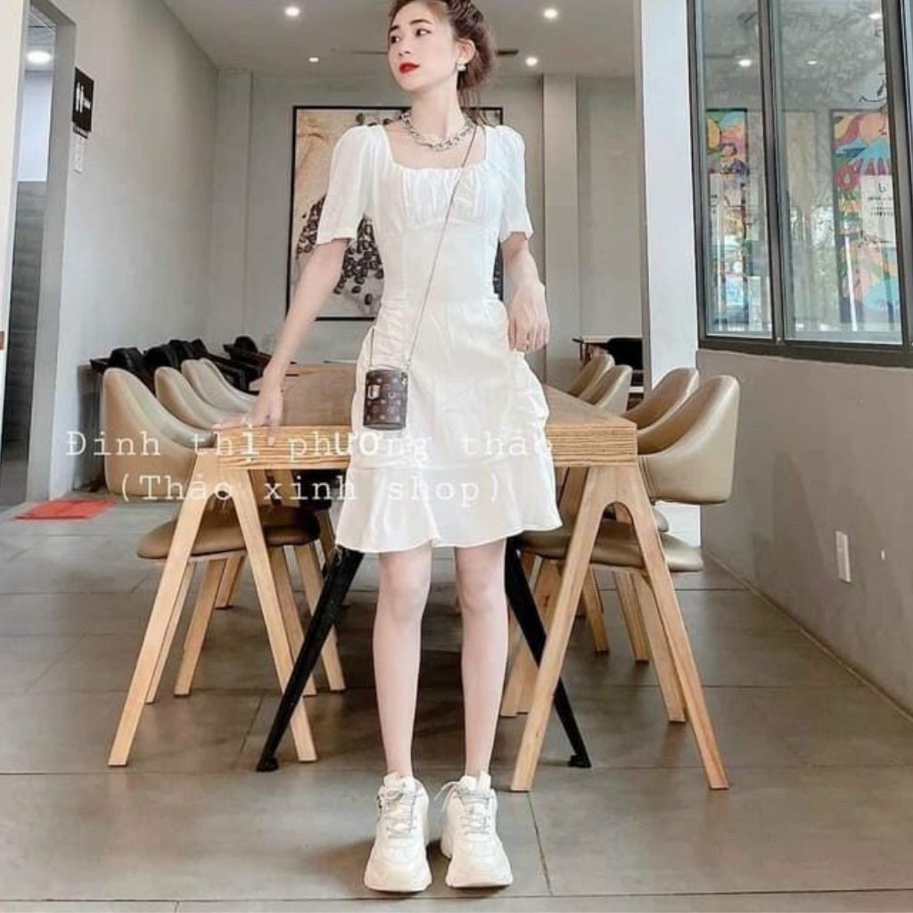 Đầm Cổ Vuông Nhún Hai Bên GenY, Váy Dáng Xoè Cổ Vuông Siêu Xinh | BigBuy360 - bigbuy360.vn