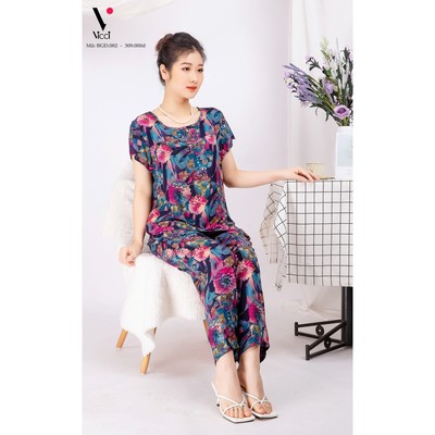 Bộ đồ mặc nhà trung niên lanh nhung Vicci áo cộc,quần dài BGDM.082
