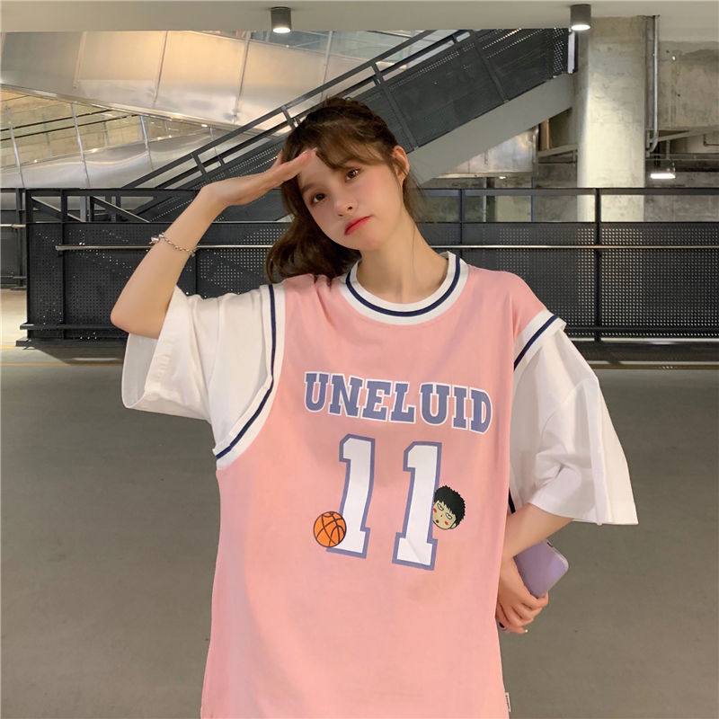 2022 Fake two-piece basketball uniform T-shirt women's  new Korean version loose mid-length jersey short-sleeved ins