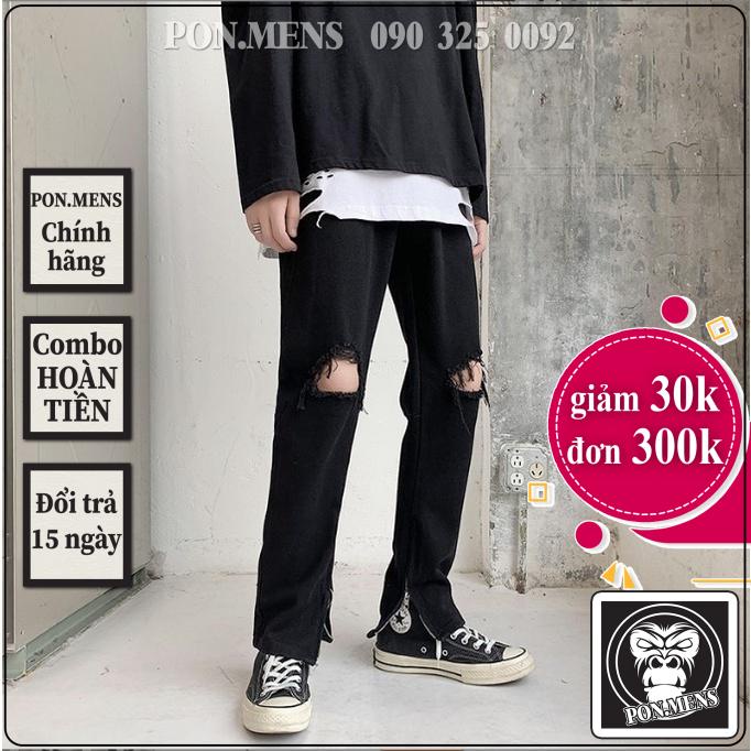 Quần bò nam rách gối màu đen ống suông co giãn khóa zip gấu 2 bên đẹp mới 221 hà nội hcm Pon.mens