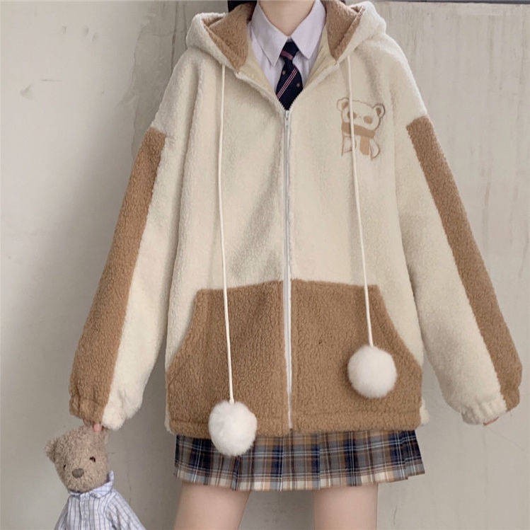 Áo Khoác Hoodie Lông Cừu Phối Khóa Kéo Màu Sắc Thời Trang Nhật Bản Dành Cho Nữ