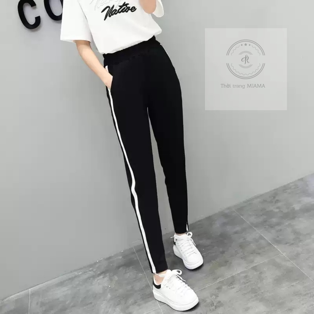 Quần thể thao nữ dài đen dây rút chất vải umi dày mát phối một sọc trắng co dãn 4 chiều Quần jogger nữ cá tính cạp chun