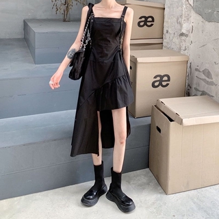 rockmagic Women's Summer French Dress New Women's Korean-Style Irregular Mid-Length Temperament Camisole Little Black Dress