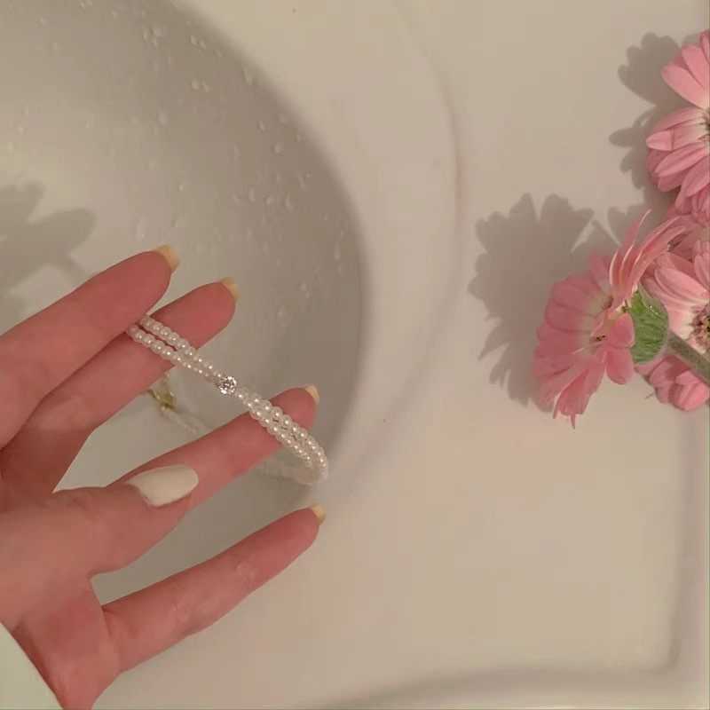 Vòng Cổ Choker Hai Lớp Đính Ngọc Trai Phong Cách Pháp Cho Nữ