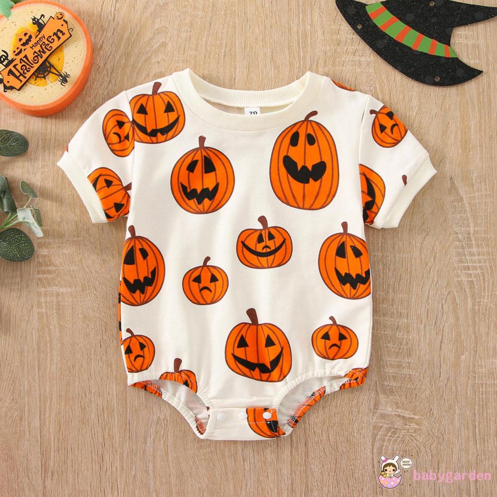 Áo Liền Quần Ngắn Tay Cổ Tròn In Họa Tiết Bí Ngô Hoạt Hình Phong Cách Halloween Cho Bé 0-3 Tuổi