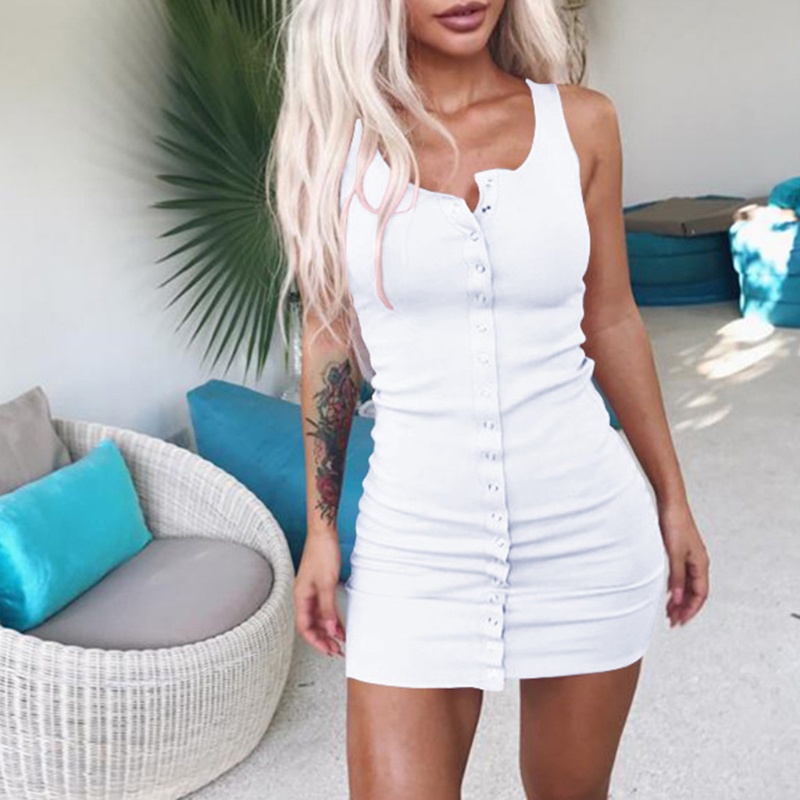 Xiangbao Đầm Mini Cổ Chữ V Không Tay Cài Nút Thời Trang Mùa Hè Dự Tiệc Cho Nữ