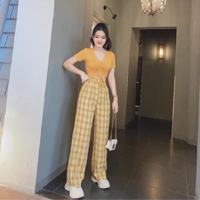 Quần Kẻ Caro , Quần Culottes Kẻ Ống Rộng Cạp Cao Siêu Hot