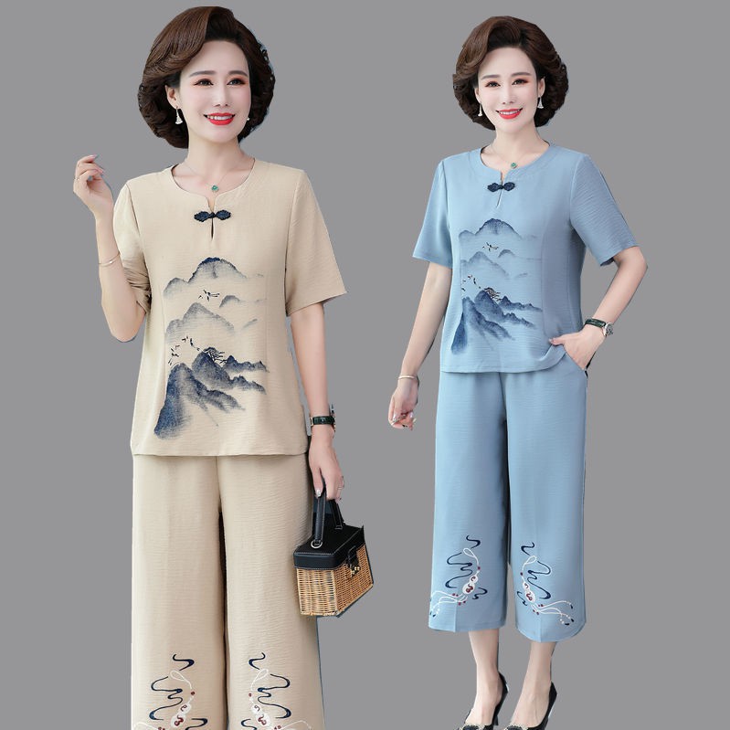 Bộ đồ ngắn tay mùa hè của mẹ, kiểu tây áo thun dành cho người trung niên và cao tuổi 5060, hai dây mỏng, rộng, si