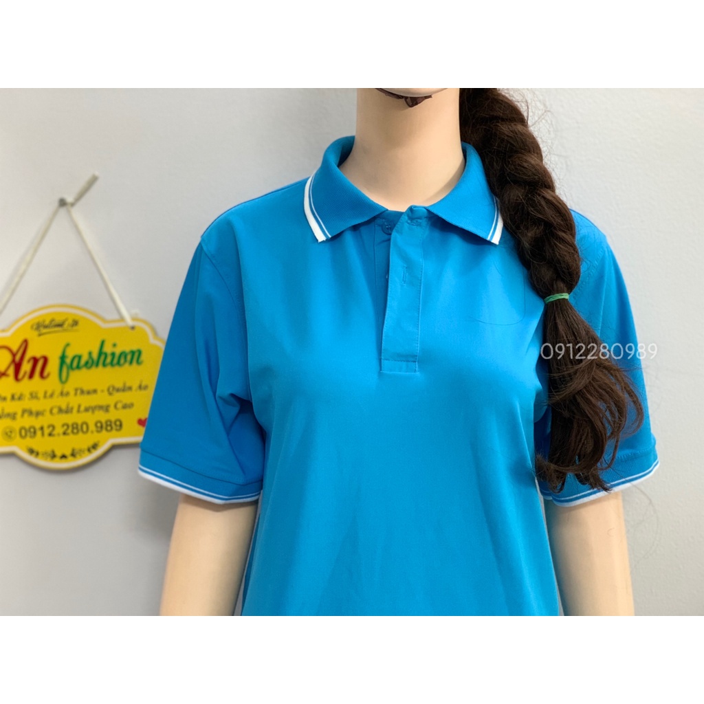 Áo thun có cổ xanh dương viền trắng vải poly Thái cao cấp cho nam nữ _ Hình chụp thật