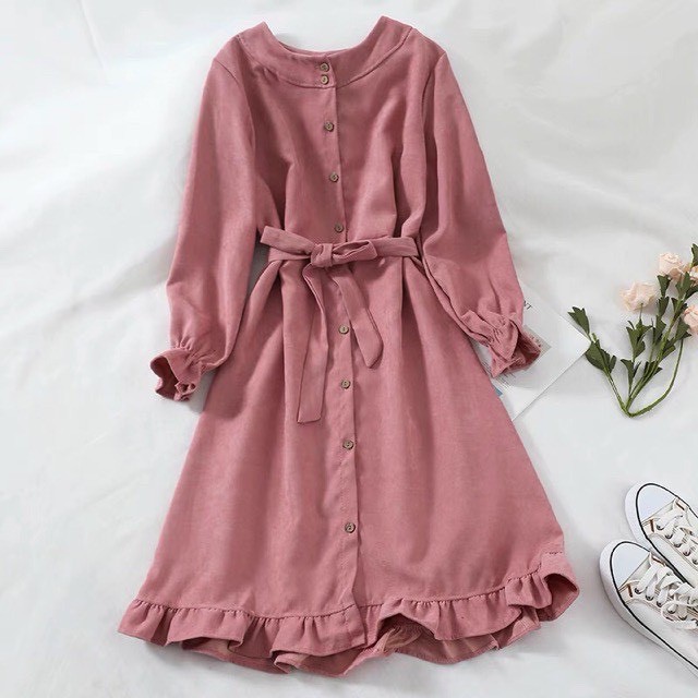 Váy Dáng Suông Đầm Suông Dài Tay Cổ Tròn Bo Tay Thắt Nơ Chất Nhung Tăm